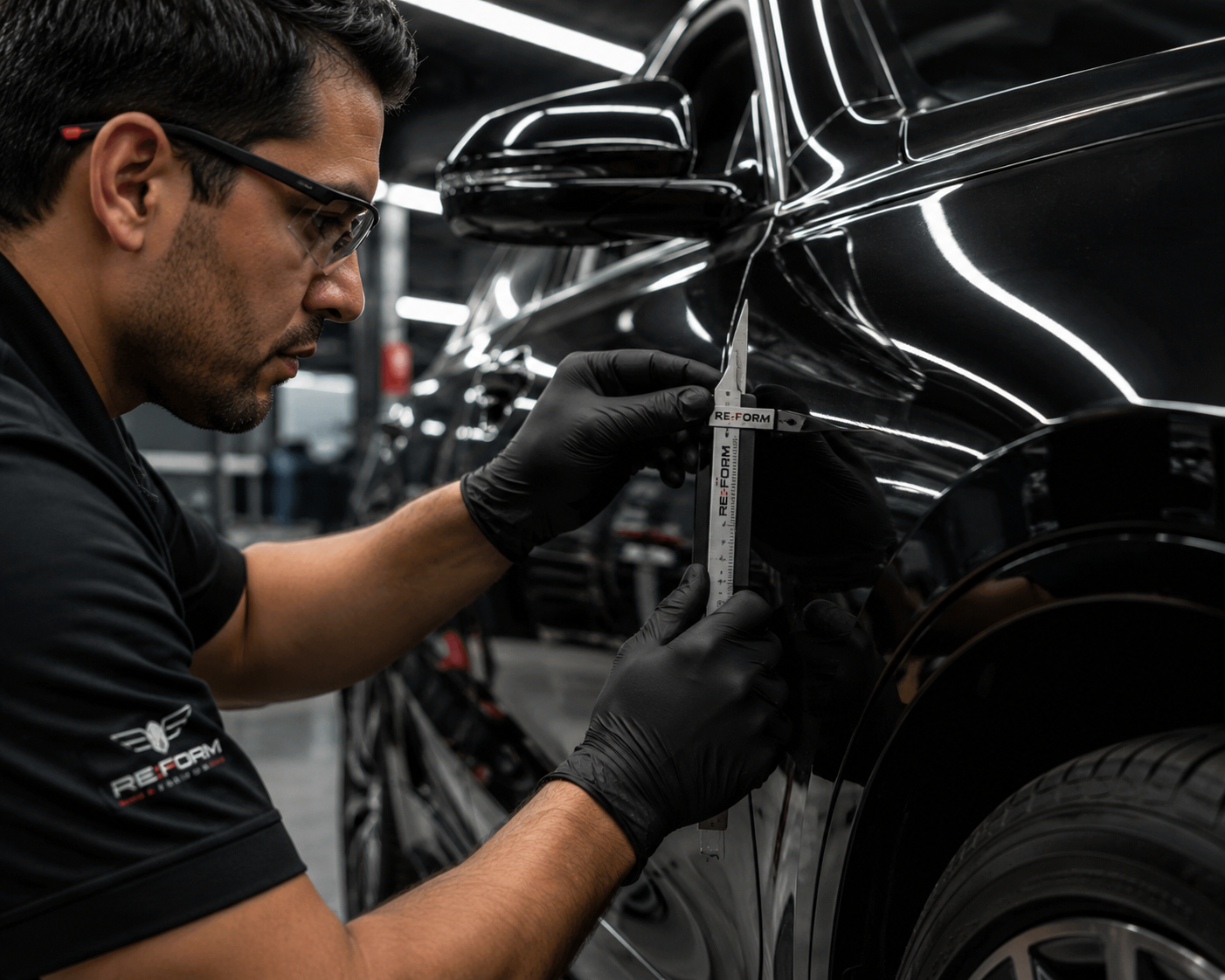 Technician checking vehicle panel alignment