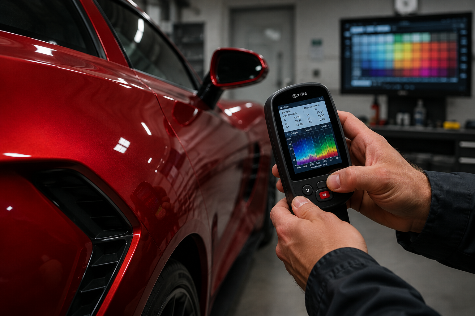 Technician measuring vehicle paint color with a spectrophotometer